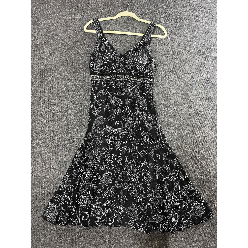 Vintage Madison Leigh Dress 8P 60s Style Black Beaded Flowy V Neck Adjustable - Picture 5 of 8